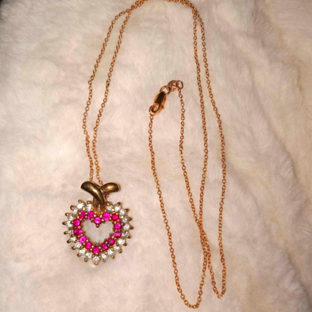 Vintage Gold Apple Pendant Necklace Pink Crystal Rhinestone Charm